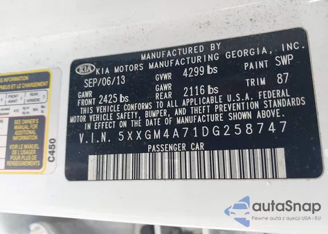 2013 Kia Optima Lx из США, поврежденный, VIN 5XXGM4A71DG258747